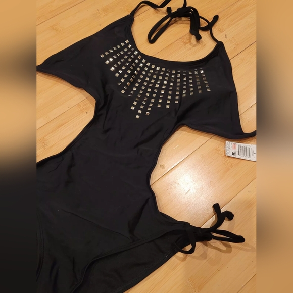 Punk Bongo black gold studded stud Monokini swim suit string tie bikini S - Picture 5 of 6